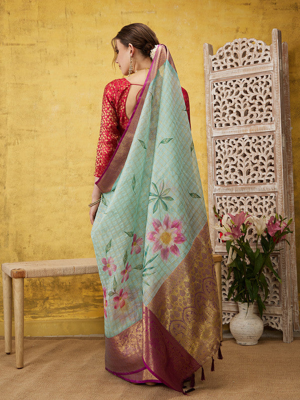 Turquoise Munga Silk Digital Print Floral Saree with Unstitched Blouse - Hiral Fashion