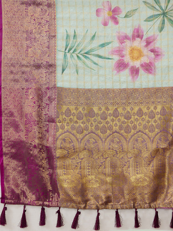 Turquoise Munga Silk Digital Print Floral Saree with Unstitched Blouse - Hiral Fashion