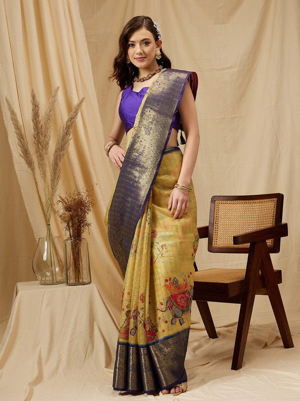 Yellow Munga Silk Digital Print Floral Saree with Unstitched Blouse - Hiral Fashion