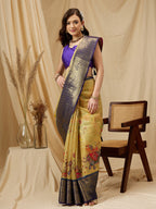 Yellow Munga Silk Digital Print Floral Saree with Unstitched Blouse - Hiral Fashion