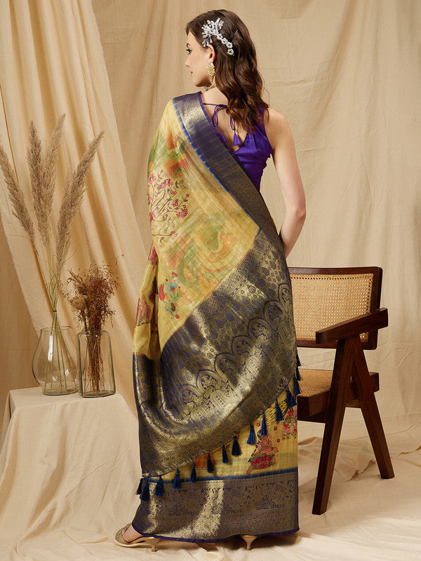 Yellow Munga Silk Digital Print Floral Saree with Unstitched Blouse - Hiral Fashion