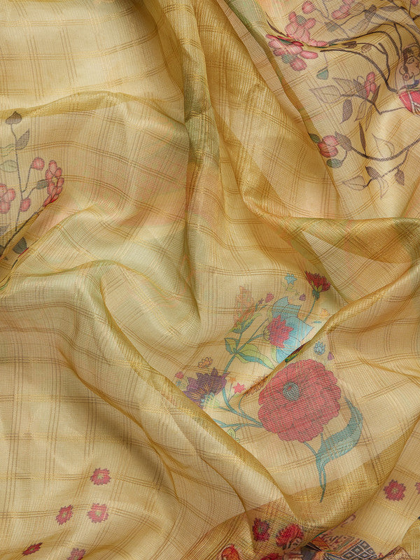 Yellow Munga Silk Digital Print Floral Saree with Unstitched Blouse - Hiral Fashion