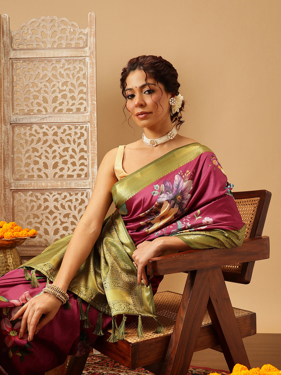 Hiral Fashion Pink Banarasi Silk Floral Digital Printed Saree