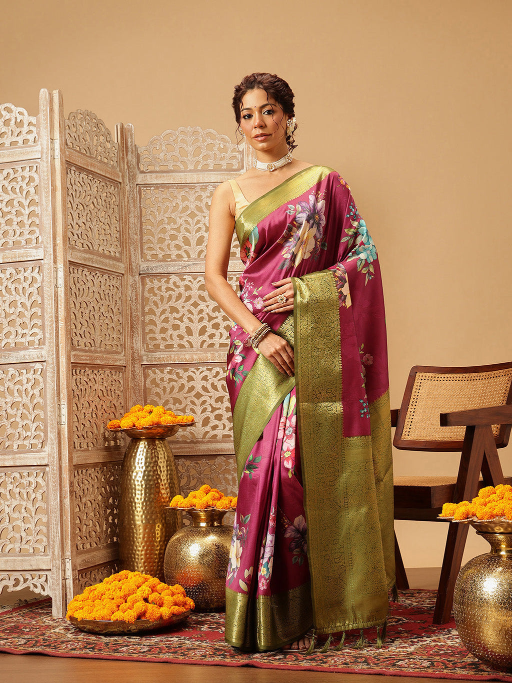 Hiral Fashion Pink Banarasi Silk Floral Digital Printed Saree