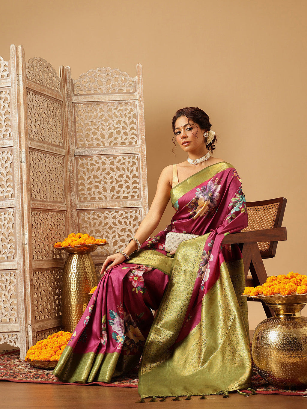 Hiral Fashion Pink Banarasi Silk Floral Digital Printed Saree