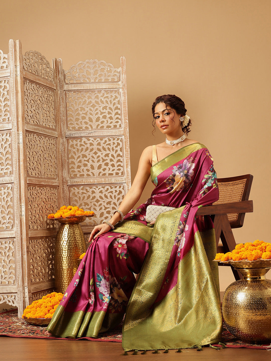 Hiral Fashion Pink Banarasi Silk Floral Digital Printed Saree