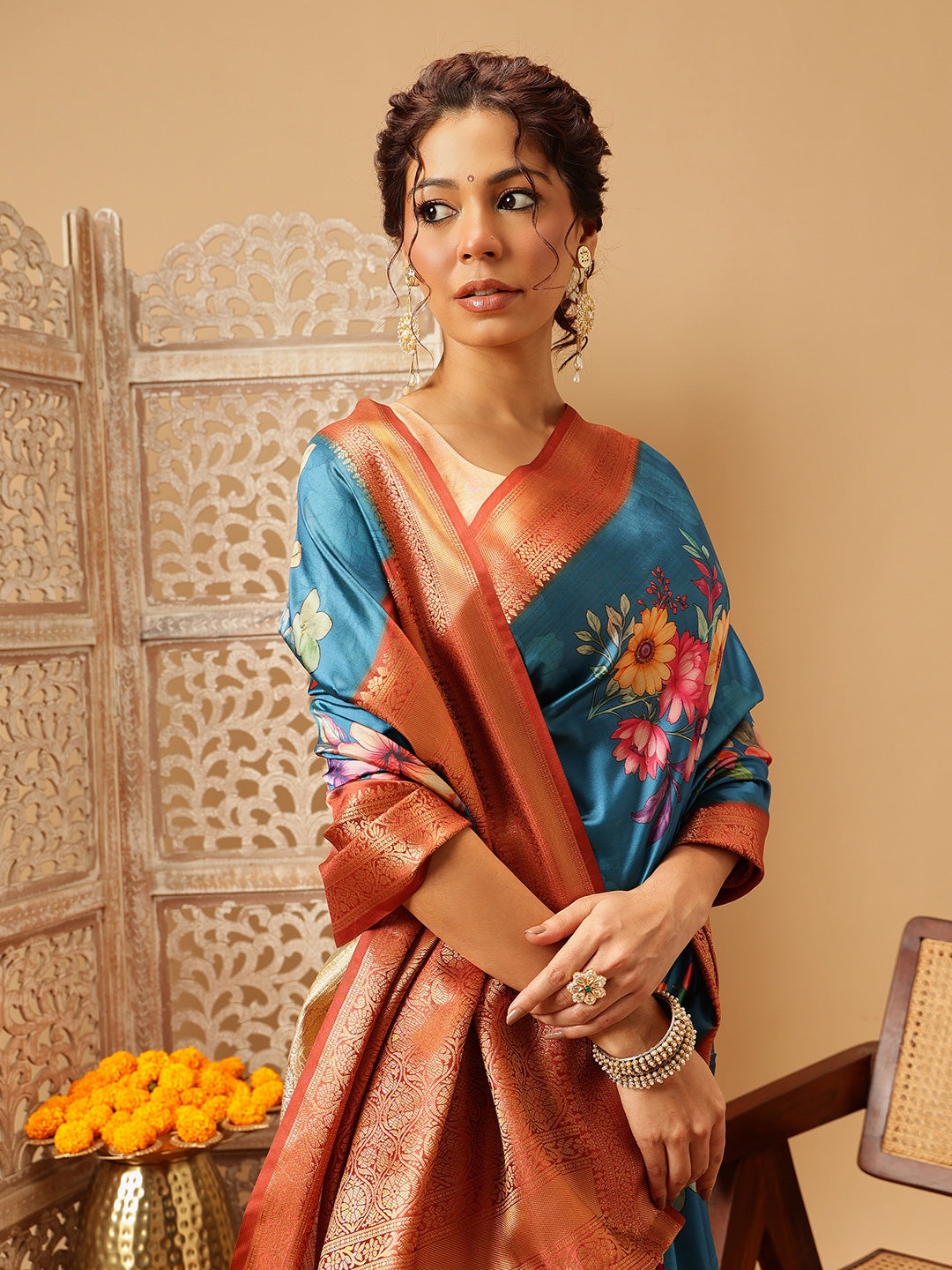 Hiral Fashion Teal Banarasi Silk Floral Digital Printed Saree