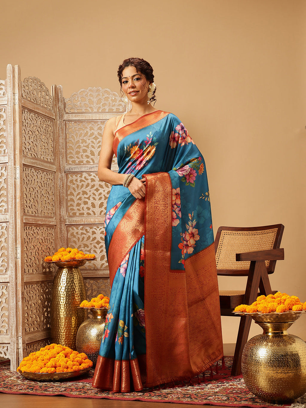 Hiral Fashion Teal Banarasi Silk Floral Digital Printed Saree