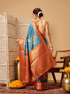Hiral Fashion Teal Banarasi Silk Floral Digital Printed Saree