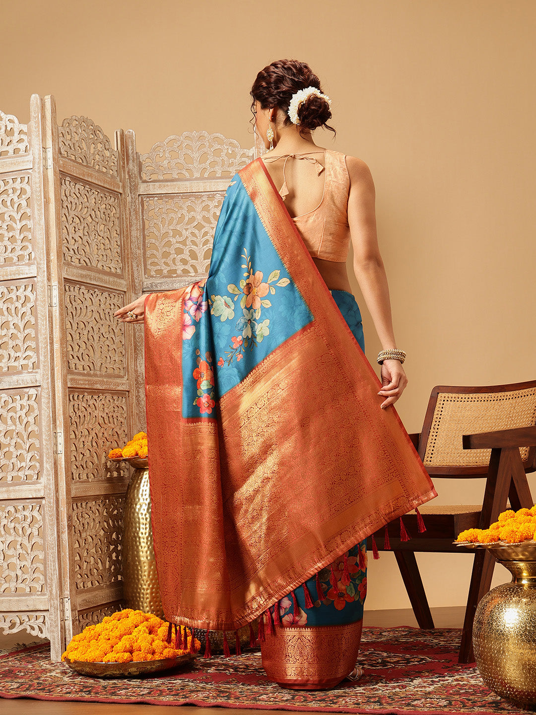 Hiral Fashion Teal Banarasi Silk Floral Digital Printed Saree