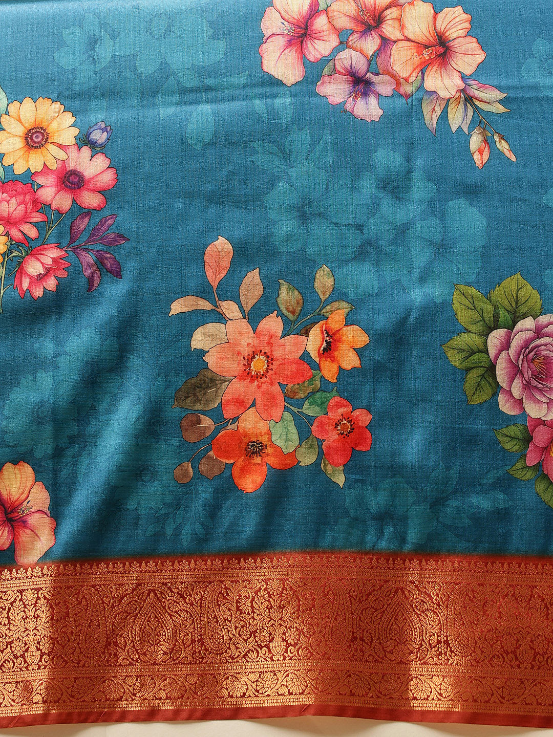 Hiral Fashion Teal Banarasi Silk Floral Digital Printed Saree