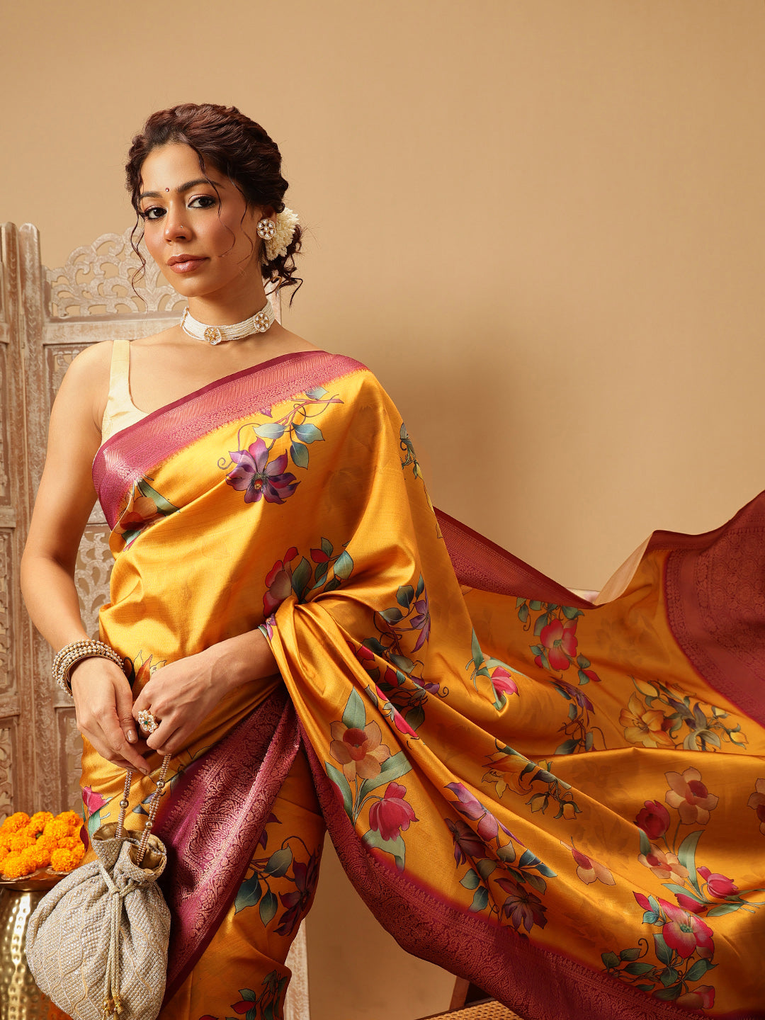 Hiral Fashion Mustard Banarasi Silk Floral Digital Printed Saree