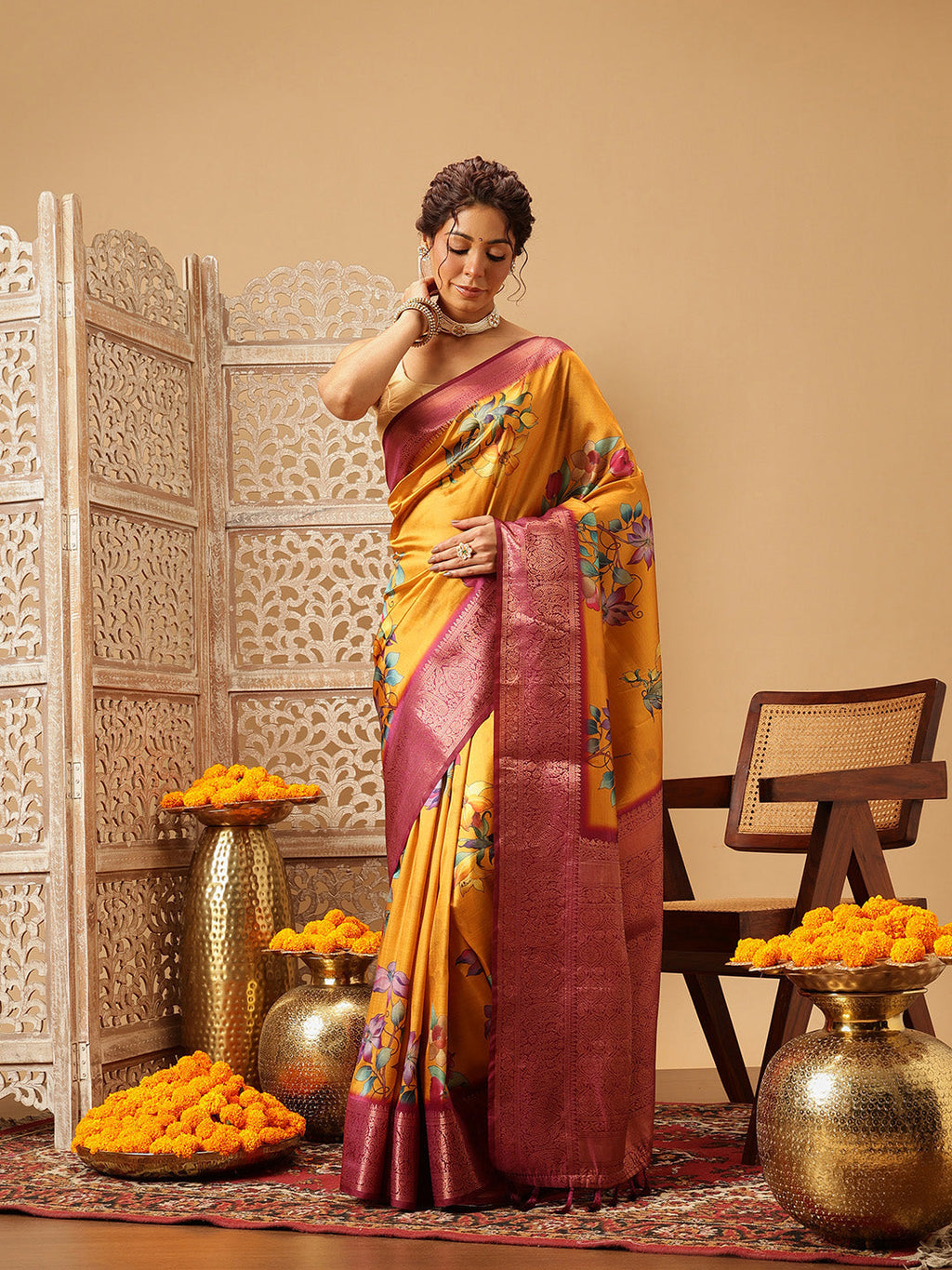 Hiral Fashion Mustard Banarasi Silk Floral Digital Printed Saree