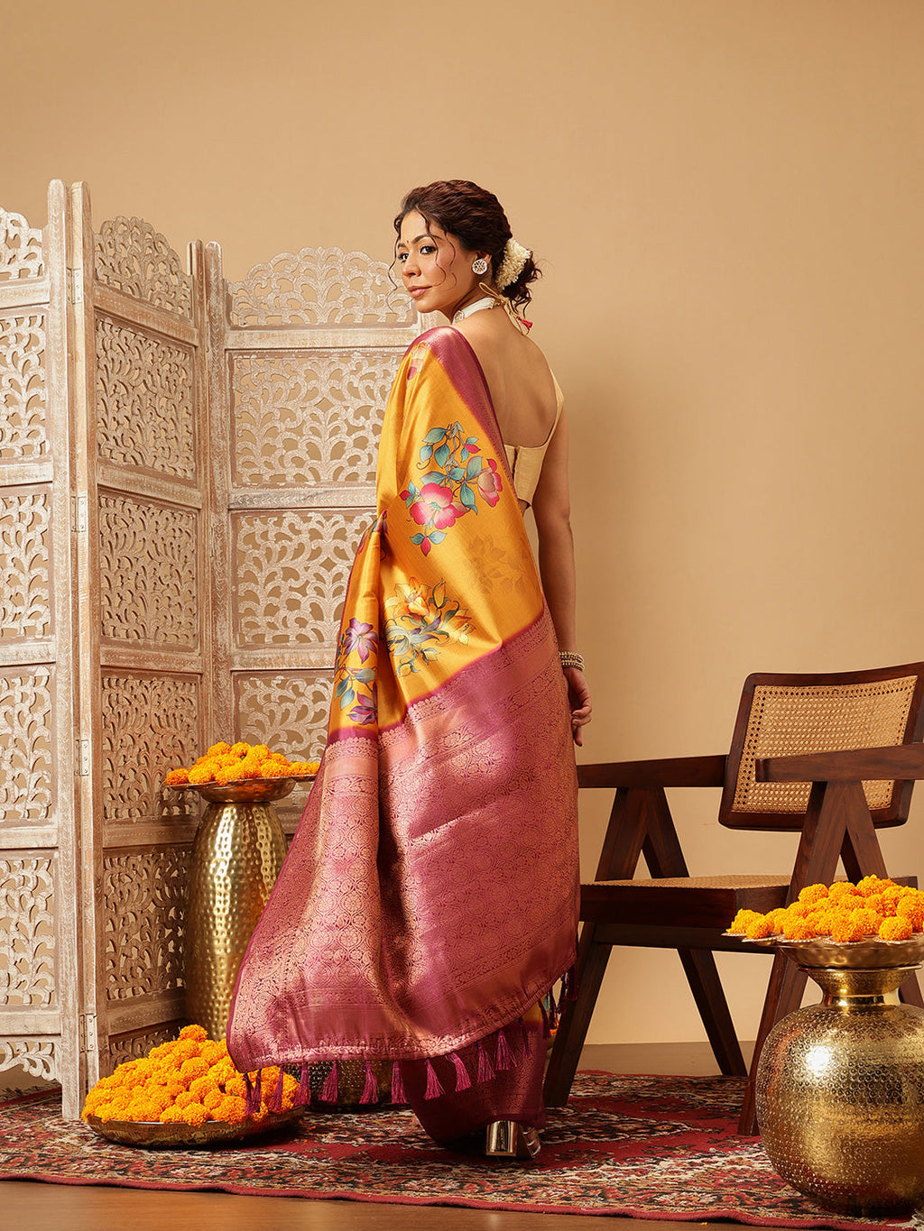 Hiral Fashion Mustard Banarasi Silk Floral Digital Printed Saree