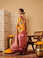 Hiral Fashion Mustard Banarasi Silk Floral Digital Printed Saree