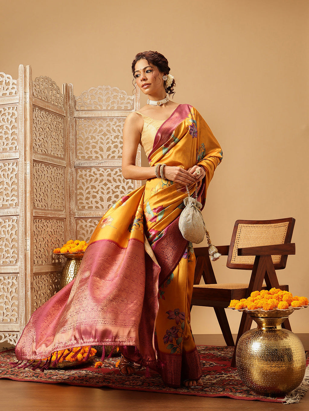 Hiral Fashion Mustard Banarasi Silk Floral Digital Printed Saree