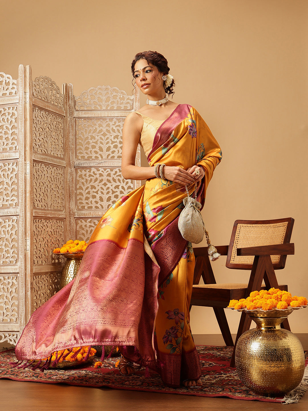 Hiral Fashion Mustard Banarasi Silk Floral Digital Printed Saree