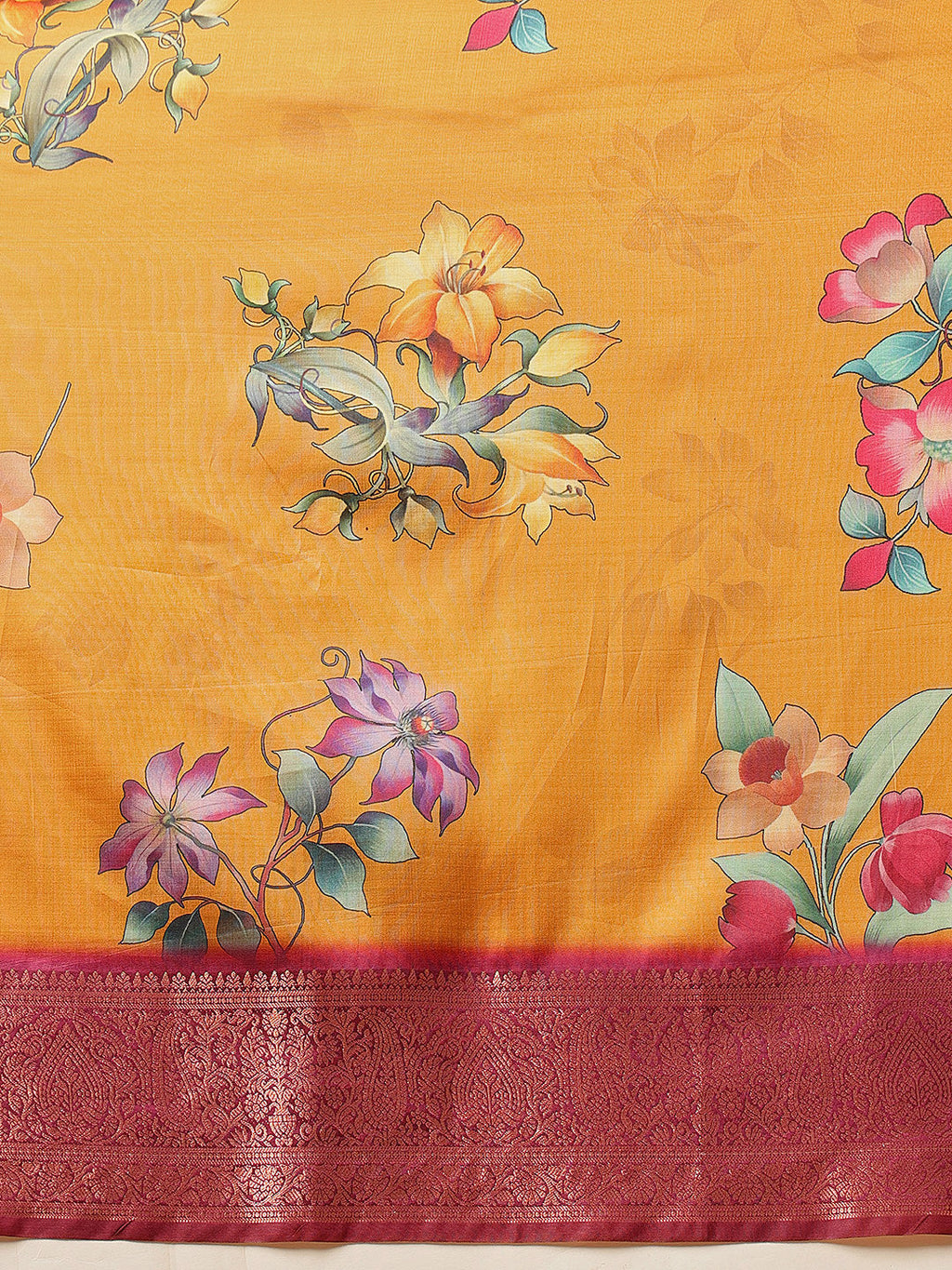 Hiral Fashion Mustard Banarasi Silk Floral Digital Printed Saree