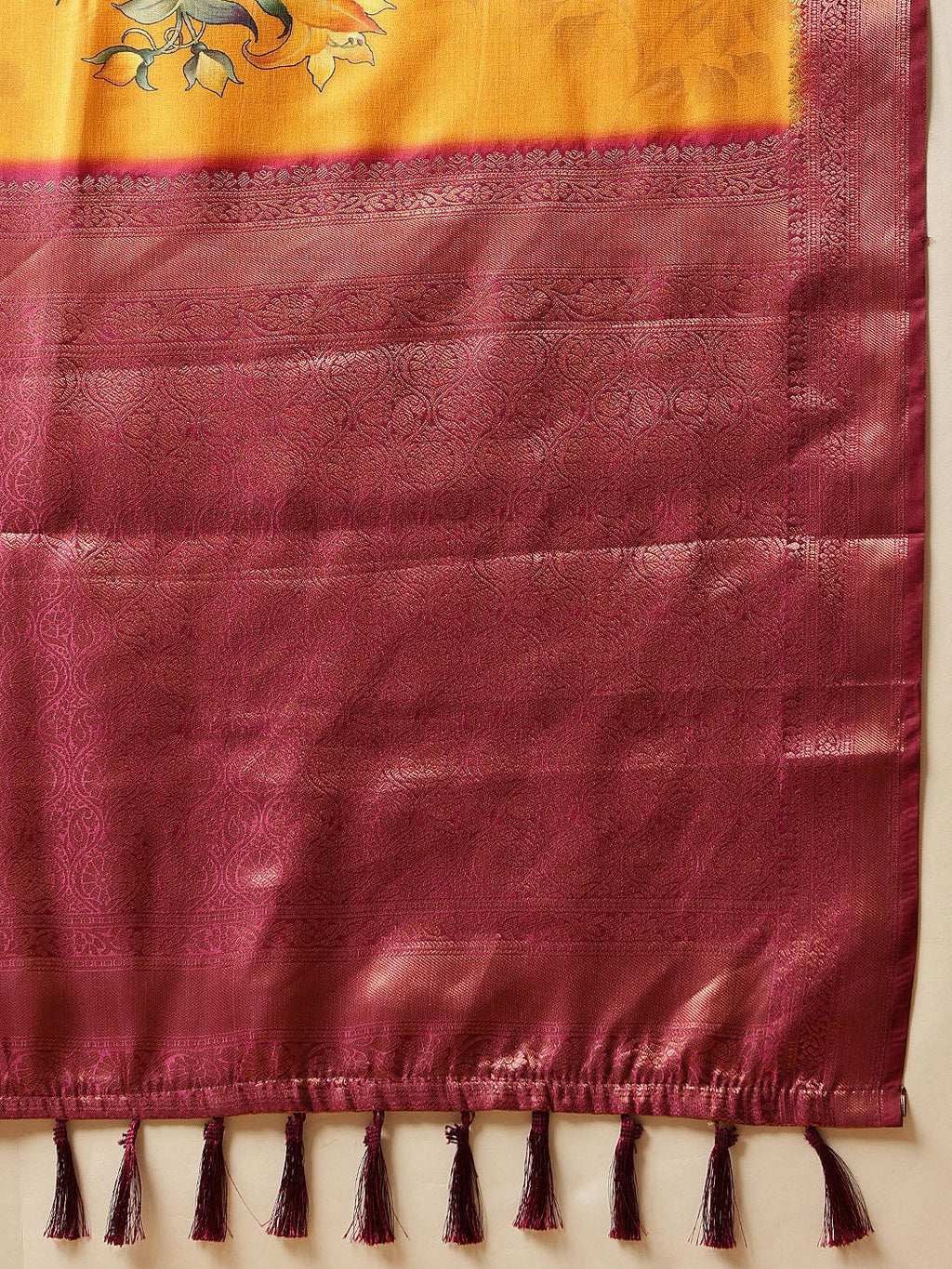 Hiral Fashion Mustard Banarasi Silk Floral Digital Printed Saree