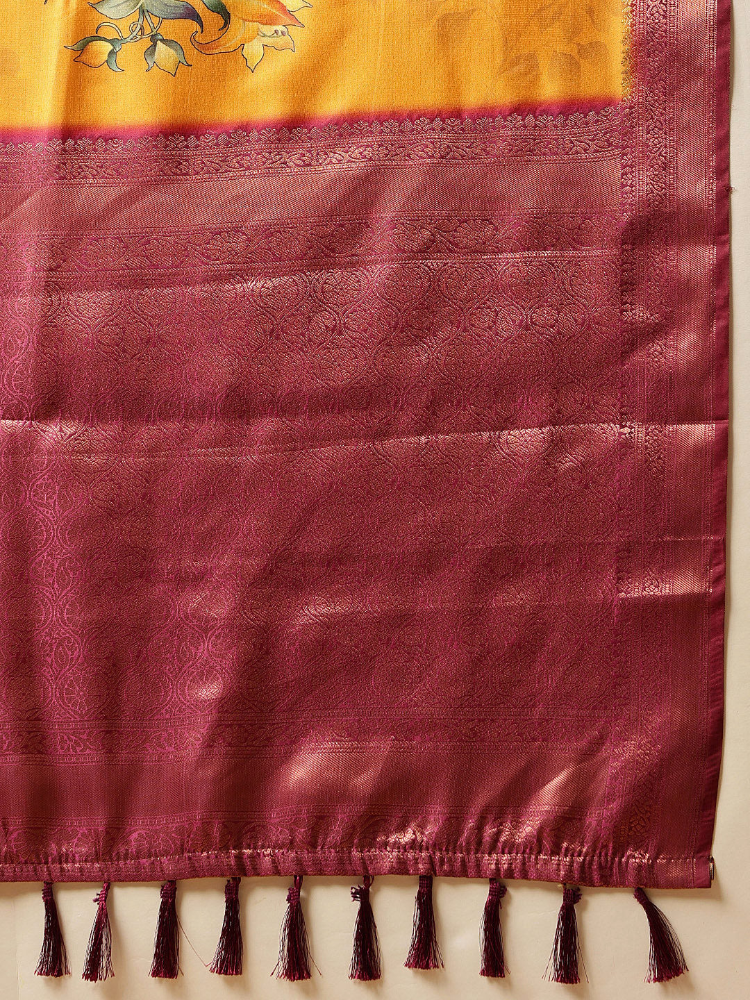 Hiral Fashion Mustard Banarasi Silk Floral Digital Printed Saree