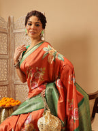 Hiral Fashion Orange Banarasi Silk Floral Digital Printed Saree