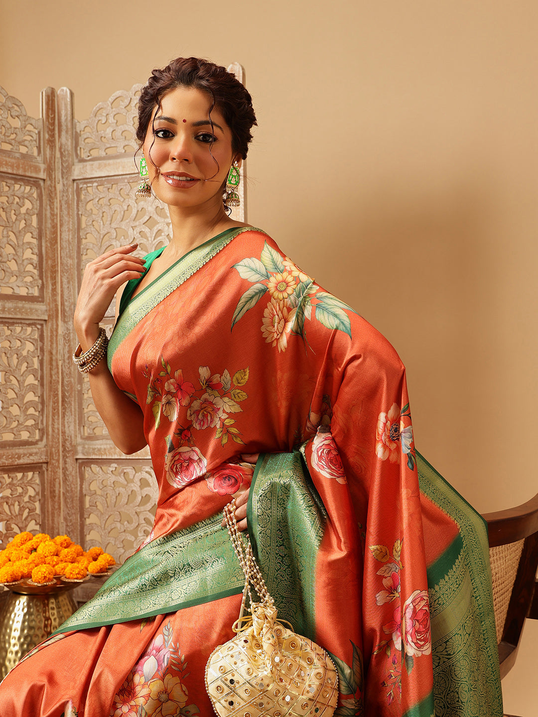 Hiral Fashion Orange Banarasi Silk Floral Digital Printed Saree