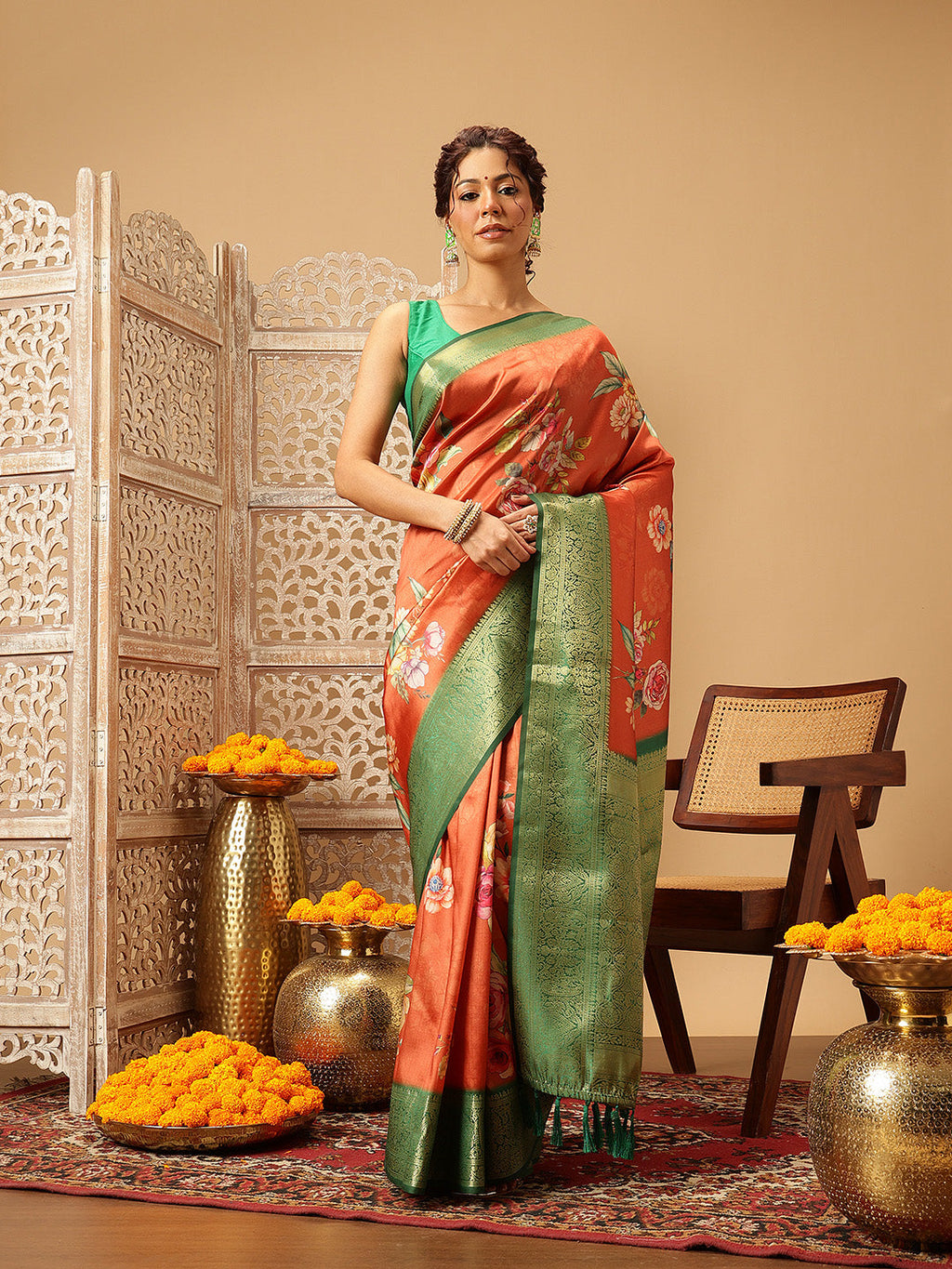 Hiral Fashion Orange Banarasi Silk Floral Digital Printed Saree