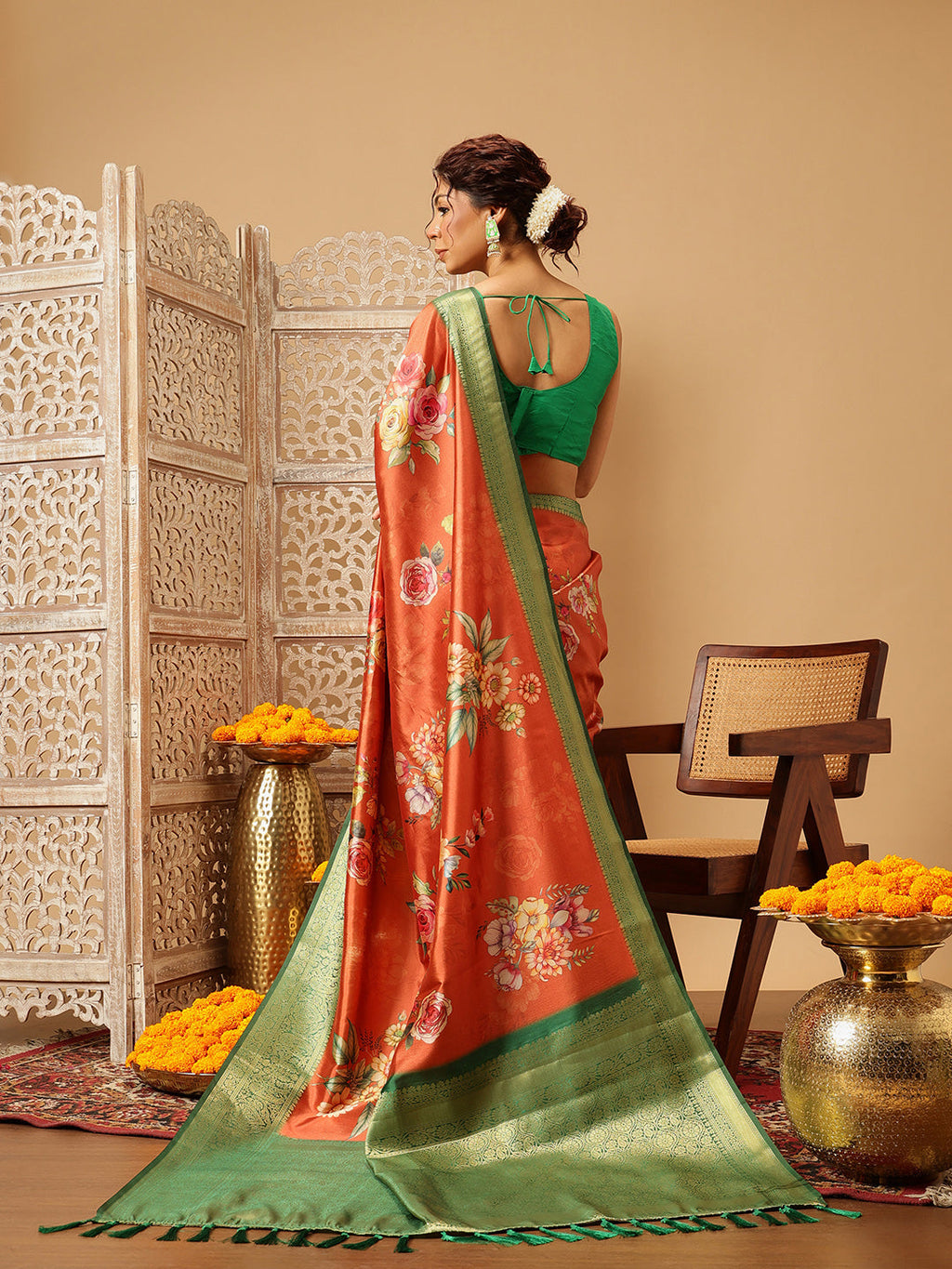 Hiral Fashion Orange Banarasi Silk Floral Digital Printed Saree