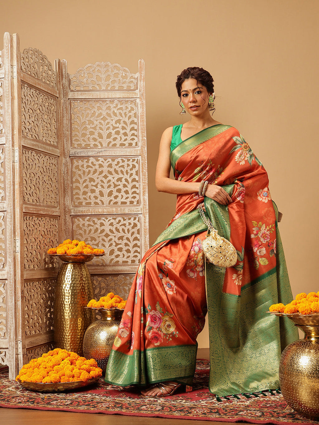 Hiral Fashion Orange Banarasi Silk Floral Digital Printed Saree