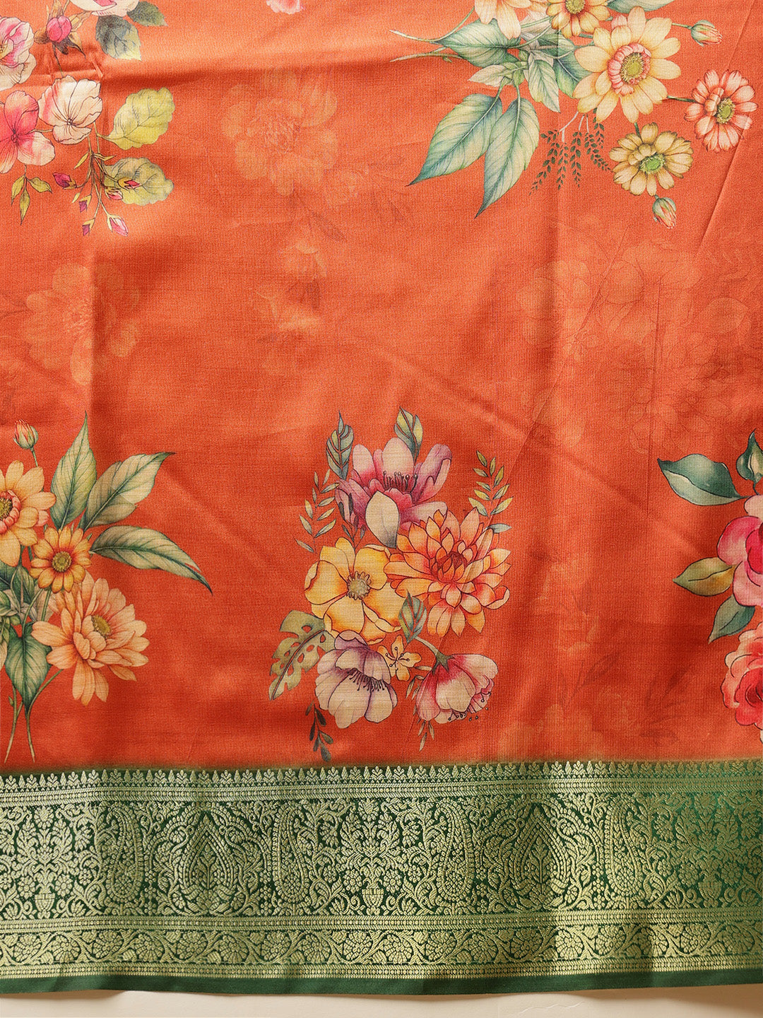 Hiral Fashion Orange Banarasi Silk Floral Digital Printed Saree