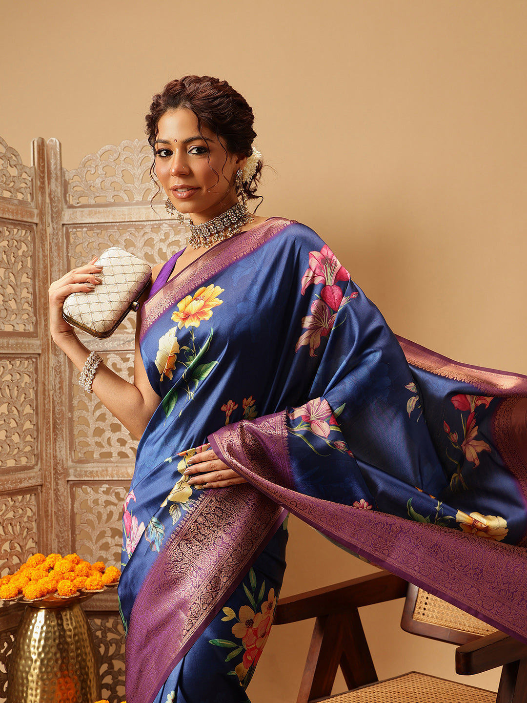 Hiral Fashion Navy Blue Banarasi Silk Floral Digital Printed Saree