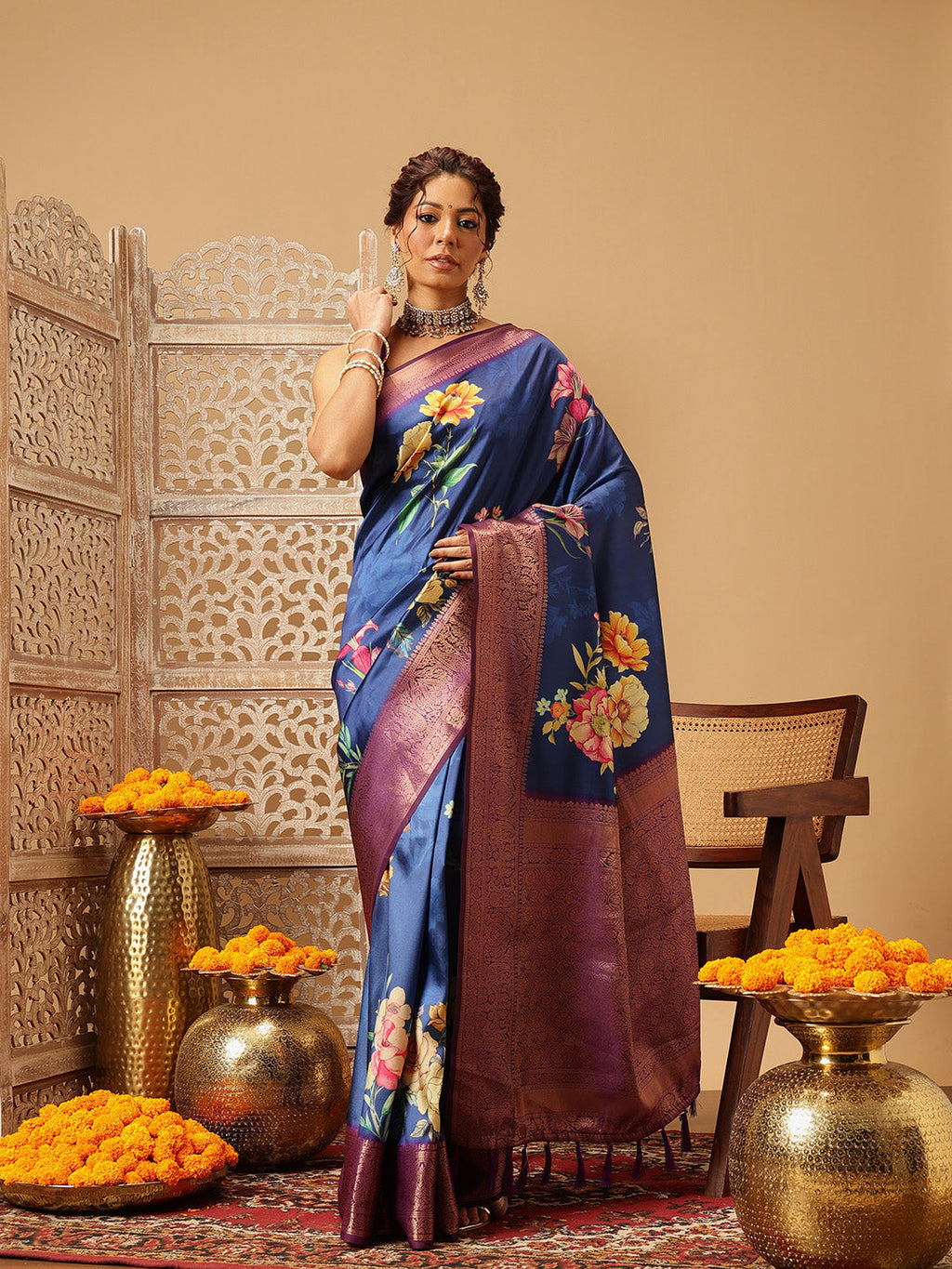 Hiral Fashion Navy Blue Banarasi Silk Floral Digital Printed Saree