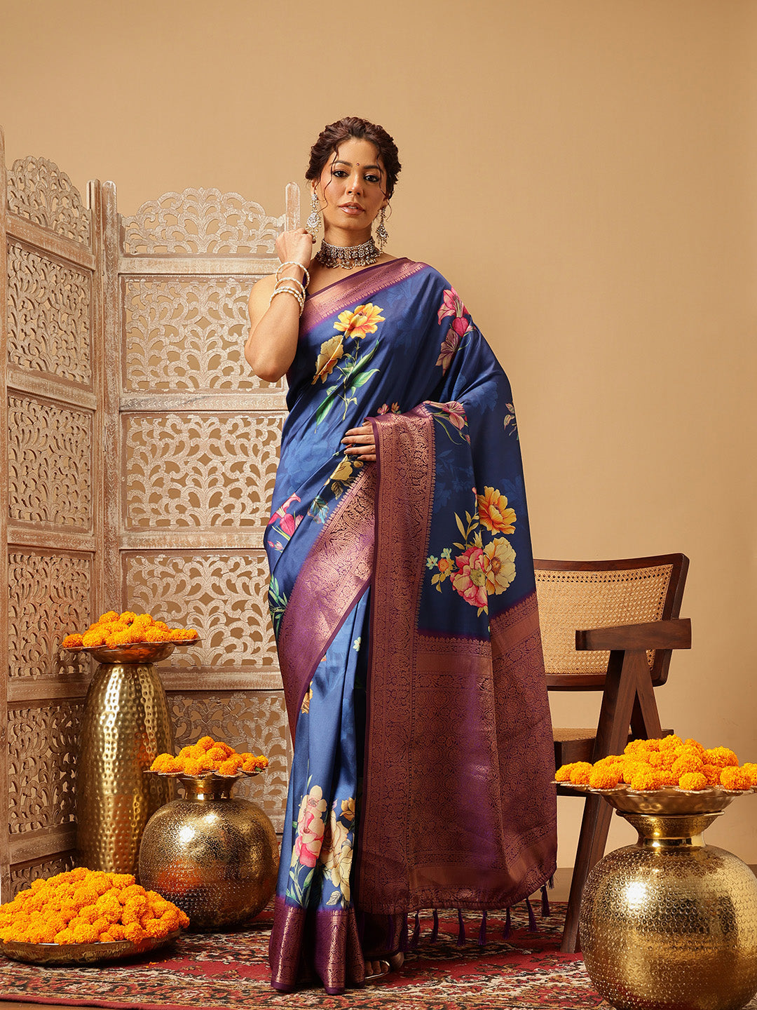 Hiral Fashion Navy Blue Banarasi Silk Floral Digital Printed Saree