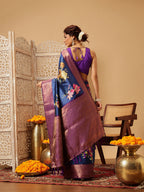 Hiral Fashion Navy Blue Banarasi Silk Floral Digital Printed Saree