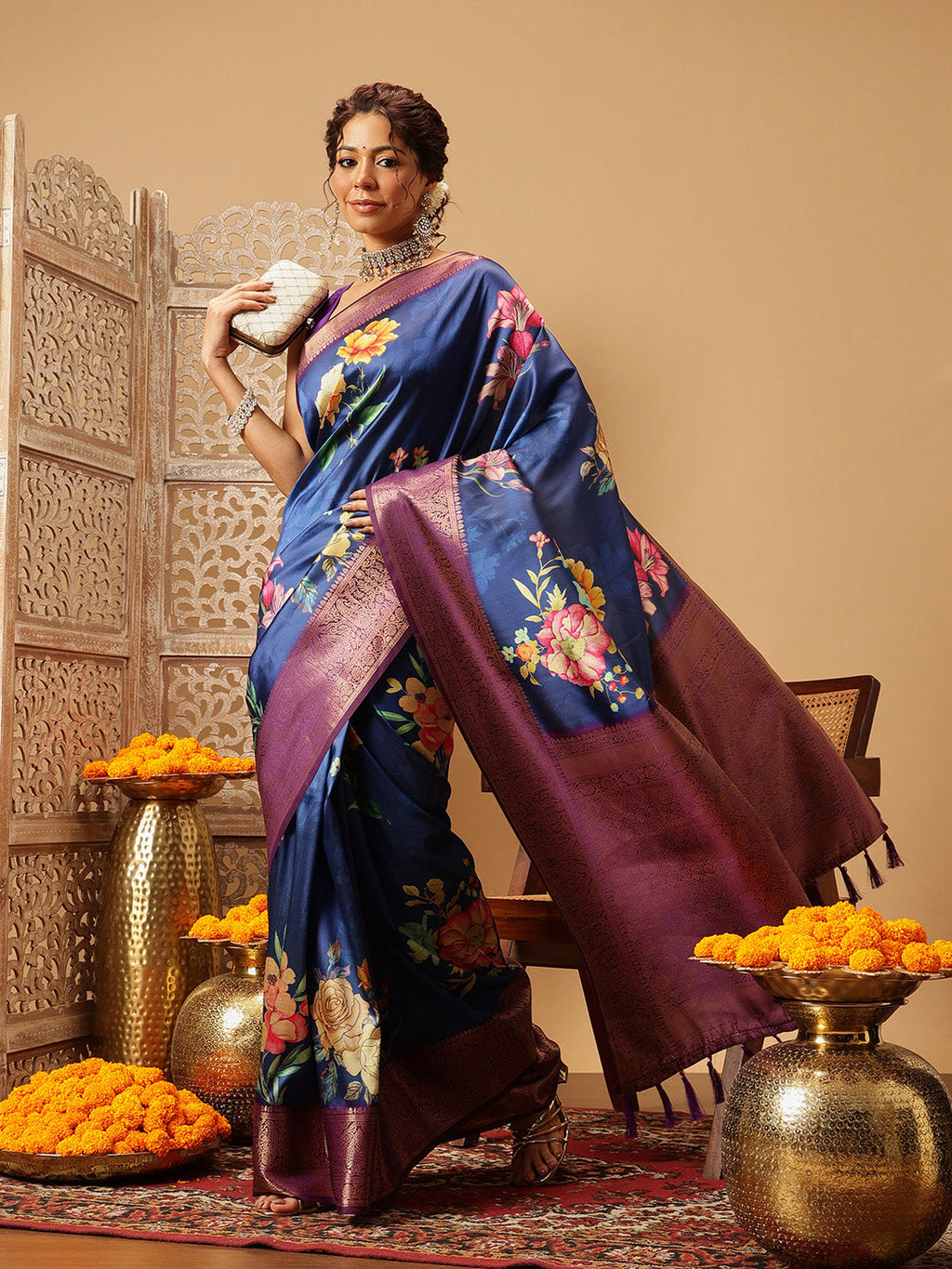 Hiral Fashion Navy Blue Banarasi Silk Floral Digital Printed Saree