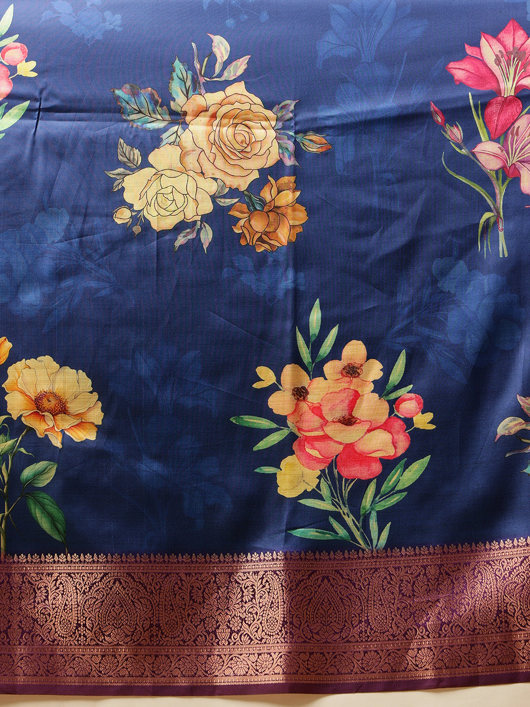 Hiral Fashion Navy Blue Banarasi Silk Floral Digital Printed Saree
