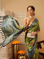 Hiral Fashion Green Banarasi Silk Floral Digital Printed Saree