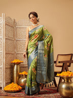 Hiral Fashion Green Banarasi Silk Floral Digital Printed Saree
