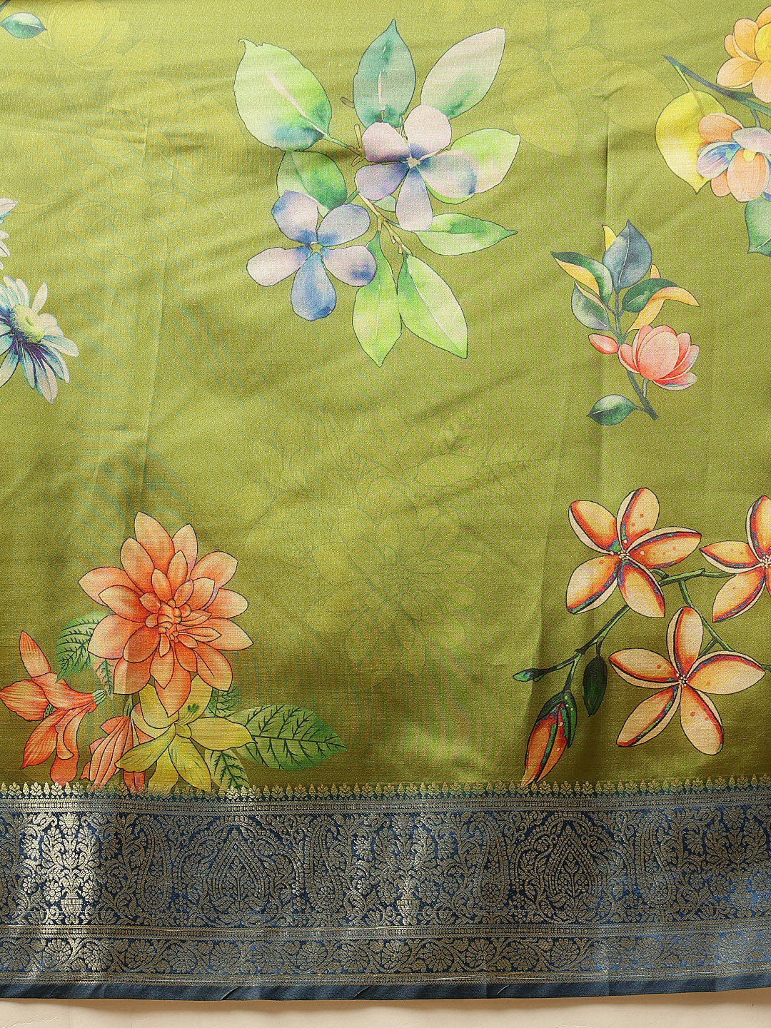 Hiral Fashion Green Banarasi Silk Floral Digital Printed Saree