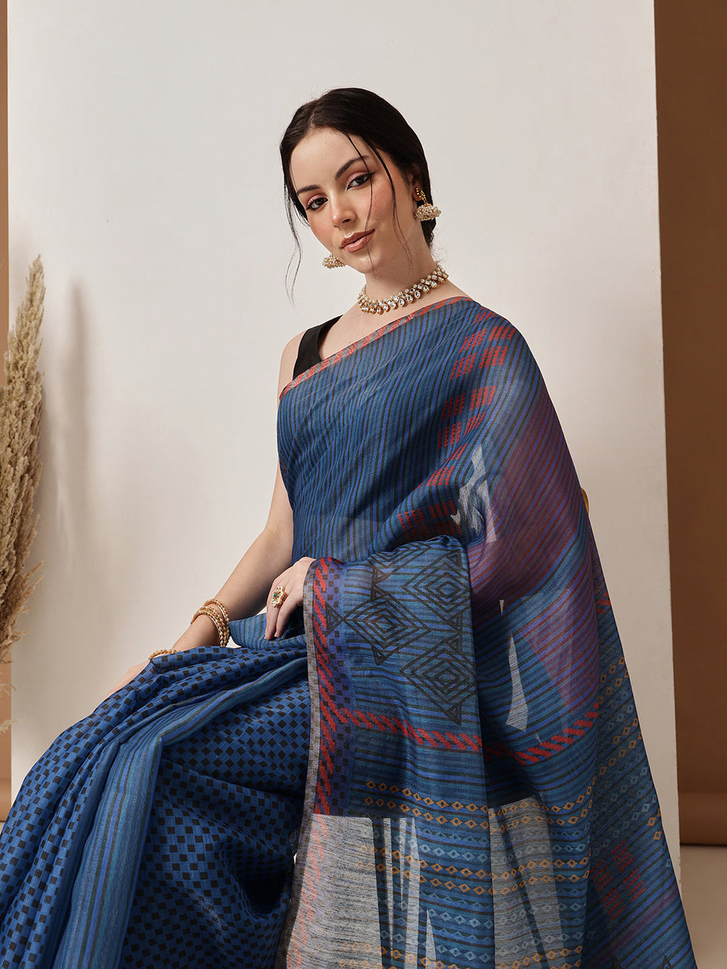 Hiral Fashion Blue Banarasi Cotton Silk Abstract Digital Printed Saree