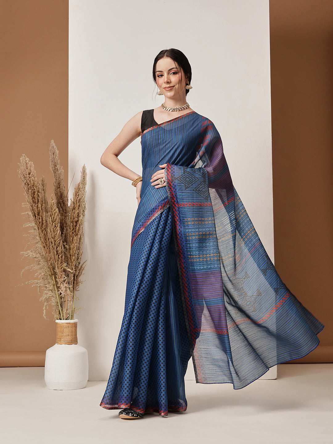 Hiral Fashion Blue Banarasi Cotton Silk Abstract Digital Printed Saree