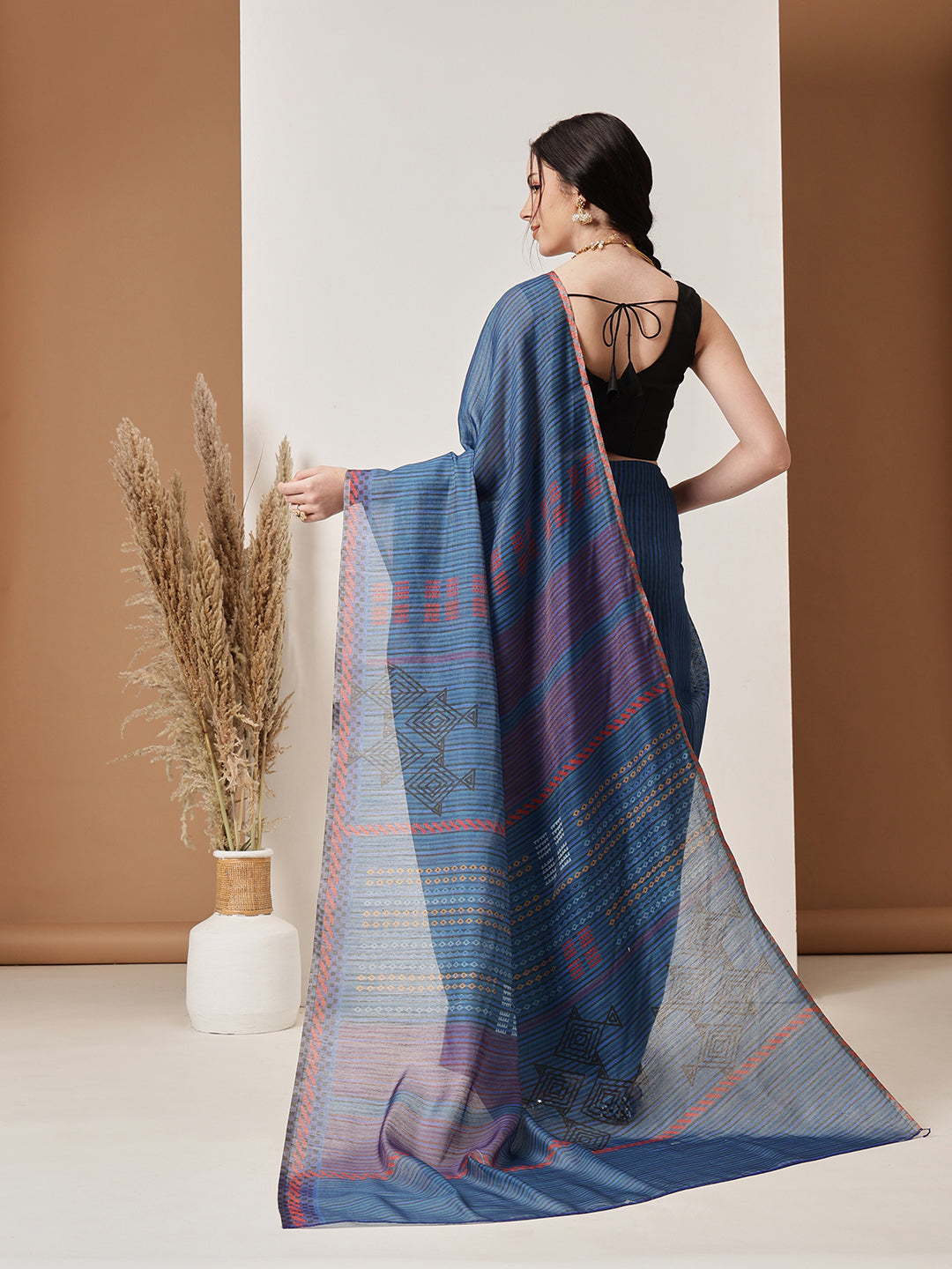 Hiral Fashion Blue Banarasi Cotton Silk Abstract Digital Printed Saree