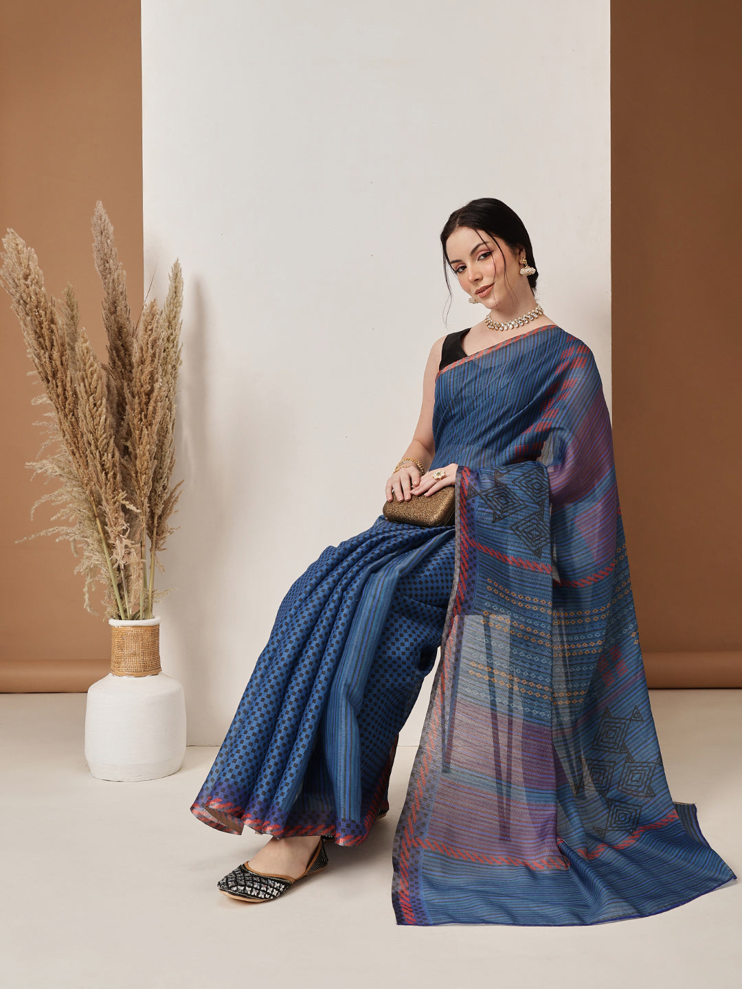 Hiral Fashion Blue Banarasi Cotton Silk Abstract Digital Printed Saree