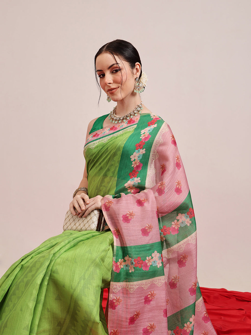 Hiral Fashion Green Banarasi Cotton Silk Abstract Digital Printed Saree