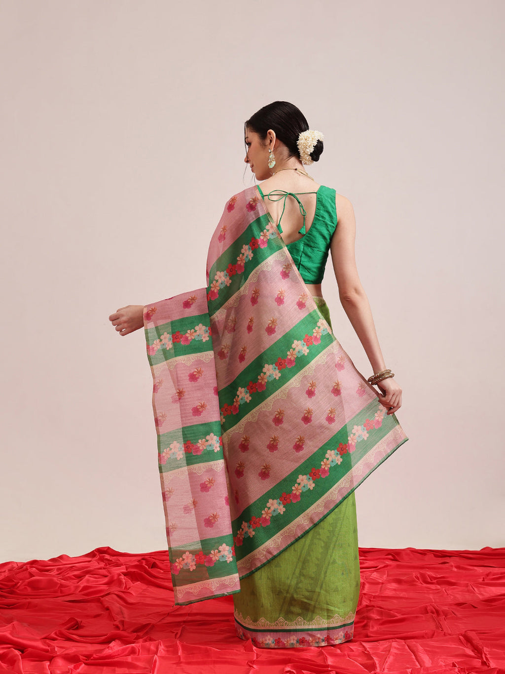 Hiral Fashion Green Banarasi Cotton Silk Abstract Digital Printed Saree