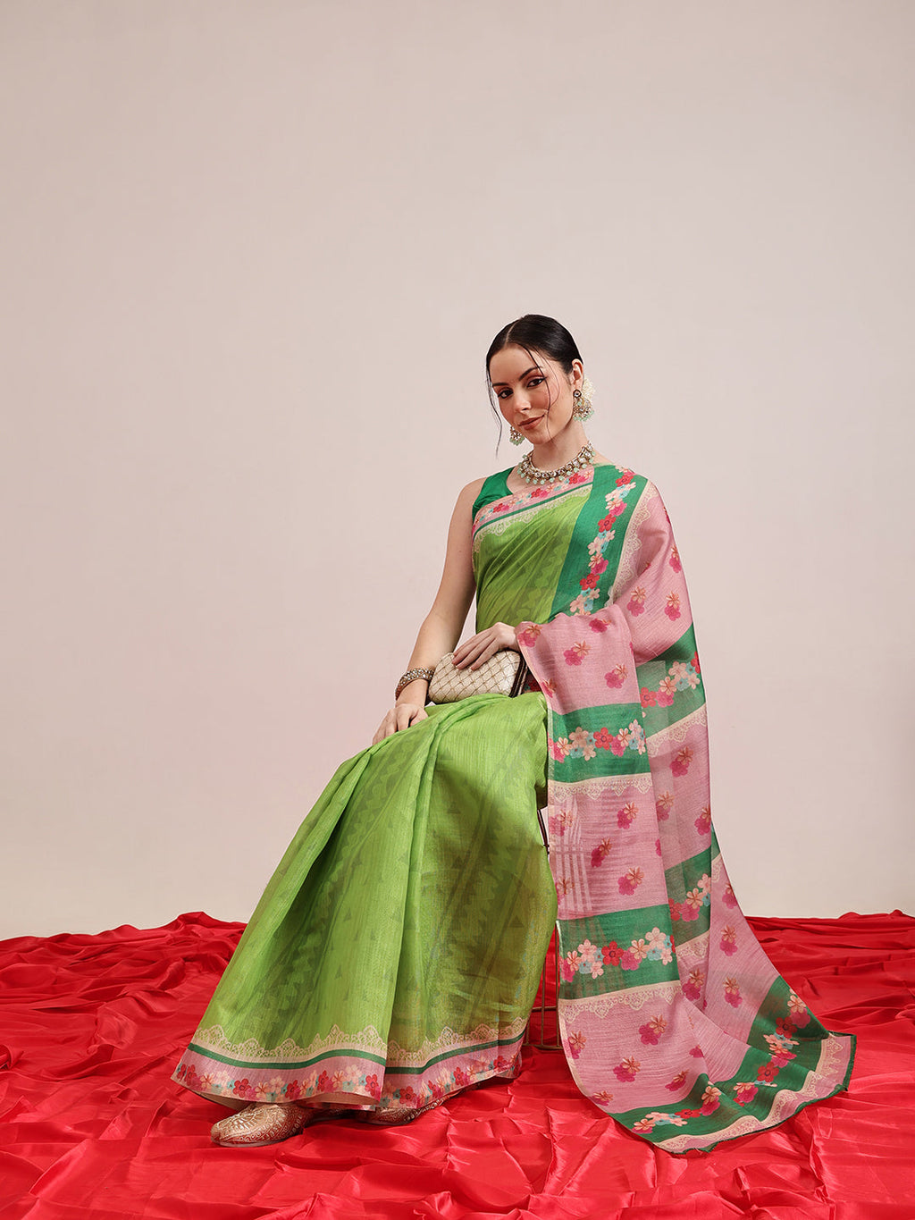 Hiral Fashion Green Banarasi Cotton Silk Abstract Digital Printed Saree