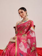 Hiral Fashion Pink Banarasi Cotton Silk Fruits Digital Printed Saree