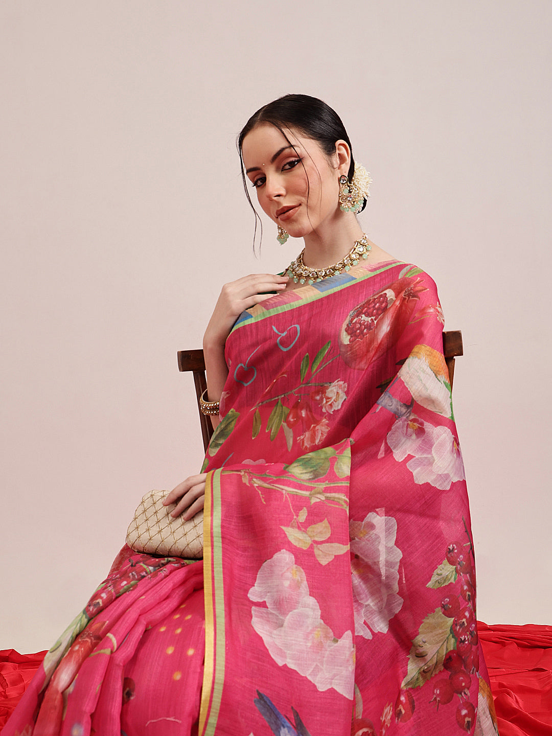 Hiral Fashion Pink Banarasi Cotton Silk Fruits Digital Printed Saree