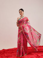 Hiral Fashion Pink Banarasi Cotton Silk Fruits Digital Printed Saree
