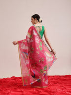 Hiral Fashion Pink Banarasi Cotton Silk Fruits Digital Printed Saree